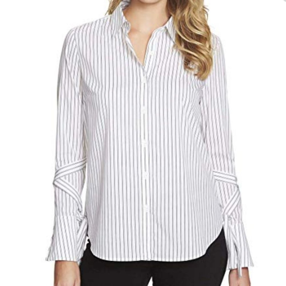 NEW 1.State Wrap Sleeve Striped Button Up Shirt